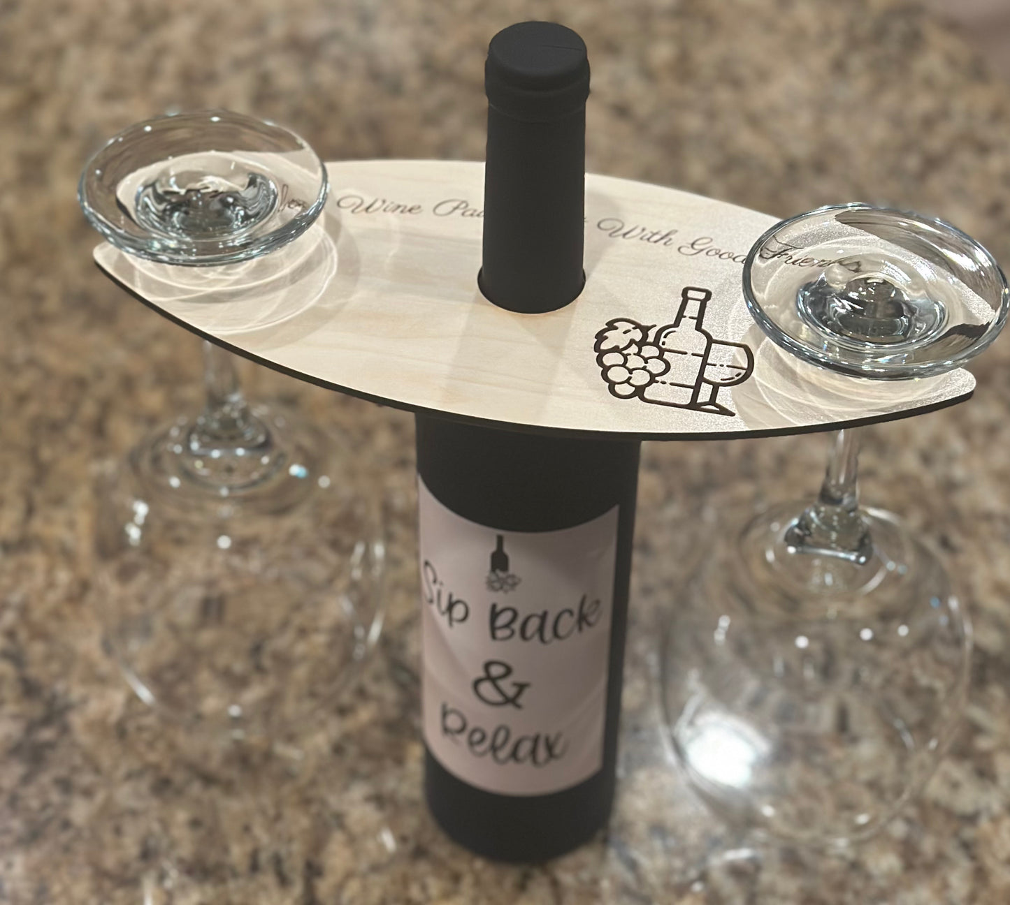 Personalized Wine Glass Holder | “Sip Back & Relax” Wine Caddy for 2 Glasses | Handmade Wood Wine Gift | Housewarming, Anniversary, or Wedding Gift