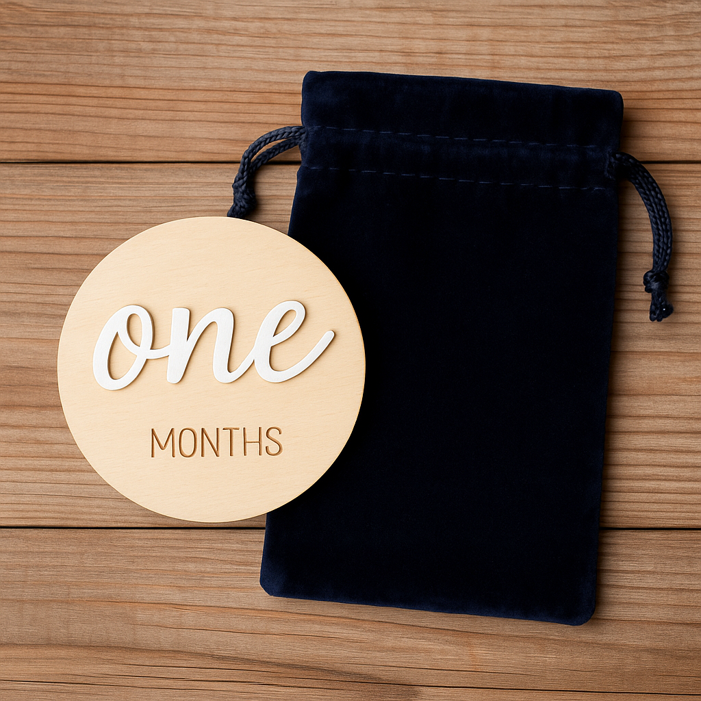 Baby Milestone Keepsake Gift Set — Wood Discs + Velvet Bag + Engraved Box + Optional NFC