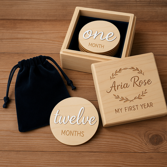 Baby Milestone Keepsake Gift Set — Wood Discs + Velvet Bag + Engraved Box + Optional NFC