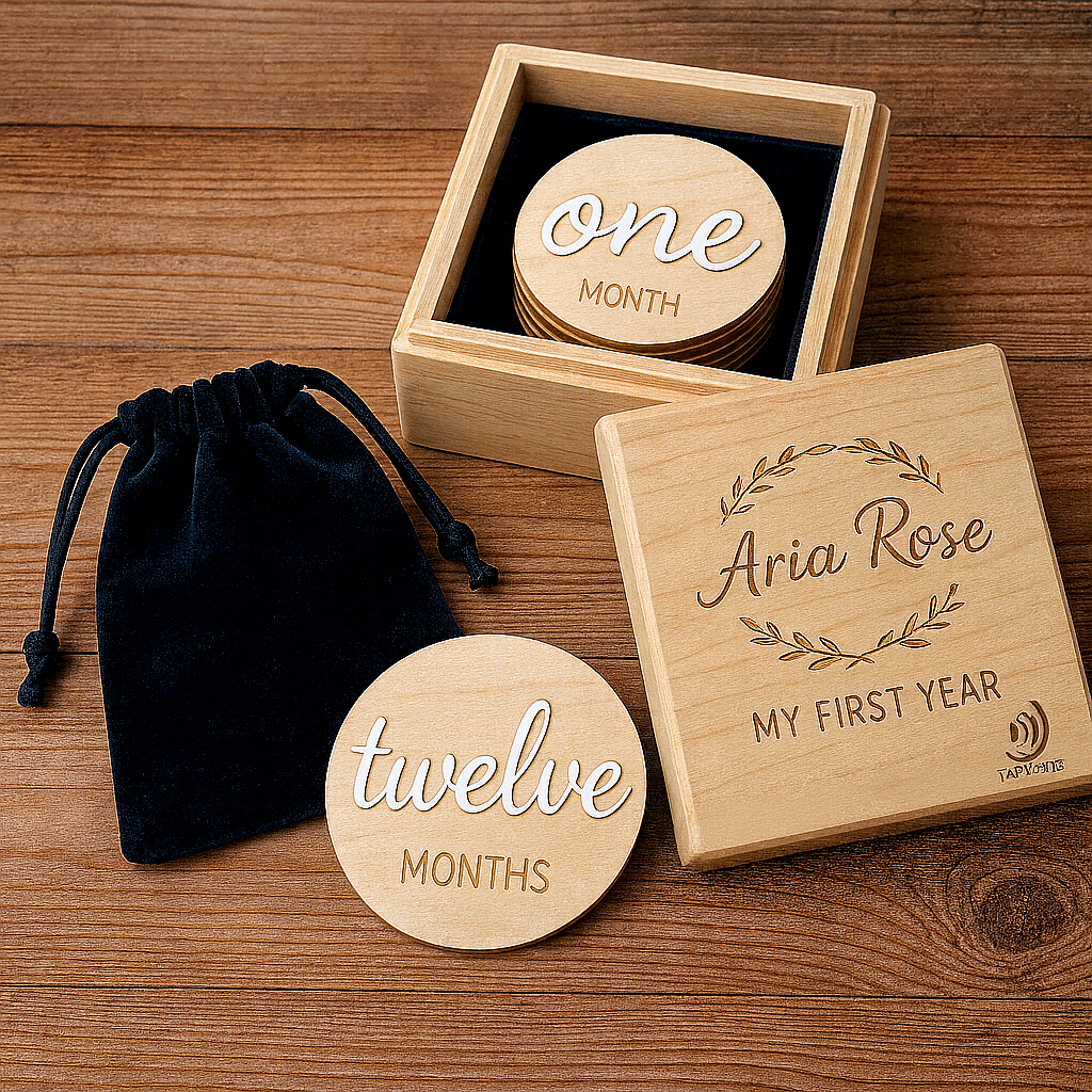 Baby Milestone Keepsake Gift Set — Wood Discs + Velvet Bag + Engraved Box + Optional NFC